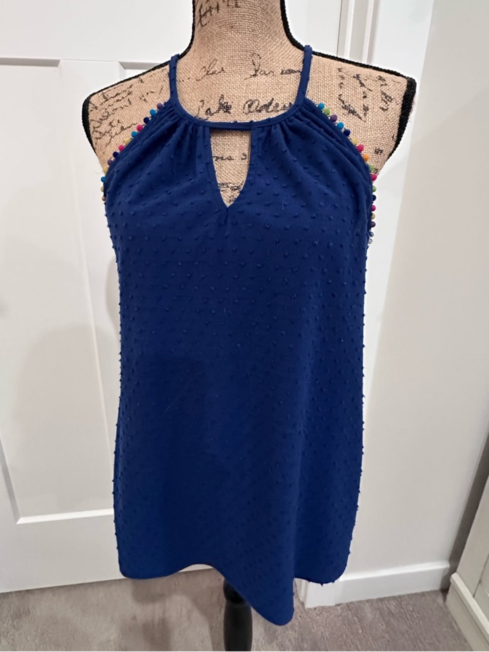Lord & Taylor Navy Blue Textured Halter Tank with Multicolor Trim